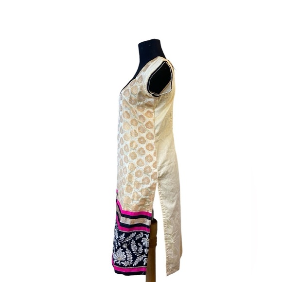 Beautiful Cream Gold Kurta With Pink Black Gold Embroidery at Bottom - Picture 6 of 15